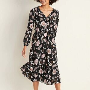 EUC Old Navy Printed Button-Front Waist-Defined Midi Dress, Size S